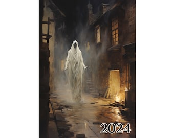 Wall Calendar 2024 ~ Spooky Ominous Ghosts in Abandoned Villages at Night ~ Vintage Book Illustration Poster m7-2114