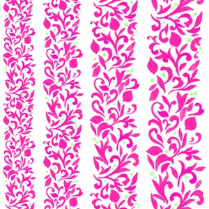 May include: A seamless pattern featuring three vertical stripes of pink floral designs on a white background. The floral designs are intricate and detailed, with leaves, flowers, and swirls.