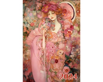 Wall Calendar 2024 ~ Elegant Women with Pink Flowers and Dresses ~ Vintage Art Nouveau Gustave Klimt Book Illustration Poster m7-2187