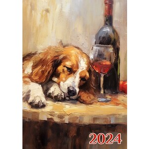Kalendarz ścienny 2024 ~ Słodkie małe pieski upijające się przy kolacji ~ Plakat z ilustracją do książki w stylu vintage m7-2153