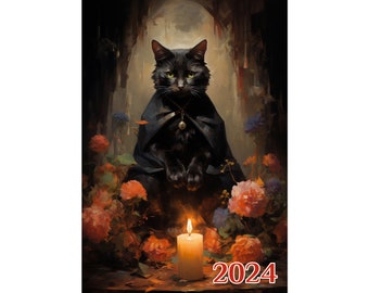 Wall Calendar 2024 ~ Witchy Cats with Elegant Cloaks and Crystal Balls ~ Vintage Book Illustration Poster m7-2120