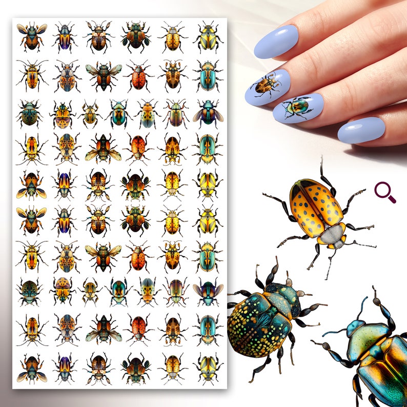 May include: A sheet of colorful beetle nail decals with a variety of designs. The decals feature beetles with different colors, patterns, and textures. The sheet is designed for use on fingernails.