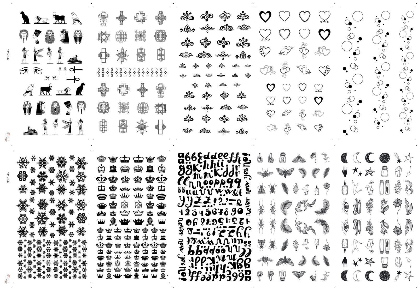 Nail Decals [10 Sheets] Typography Symbol Letters Numbers Icons Hearts ...
