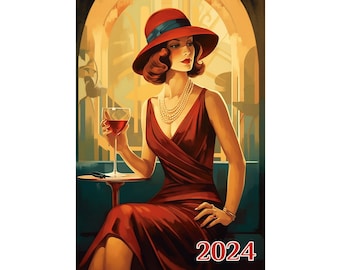 Wall Calendar 2024 ~ Gorgeous Women in Beautiful Dresses Drinking Amazing Wine ~ Vintage Art Deco Book Illustration Poster m7-2150