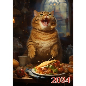 Wall Calendar 2024 ~ Funny Fat Cats Eating Fast Food  ~ Vintage Book Illustration Poster m7-2127