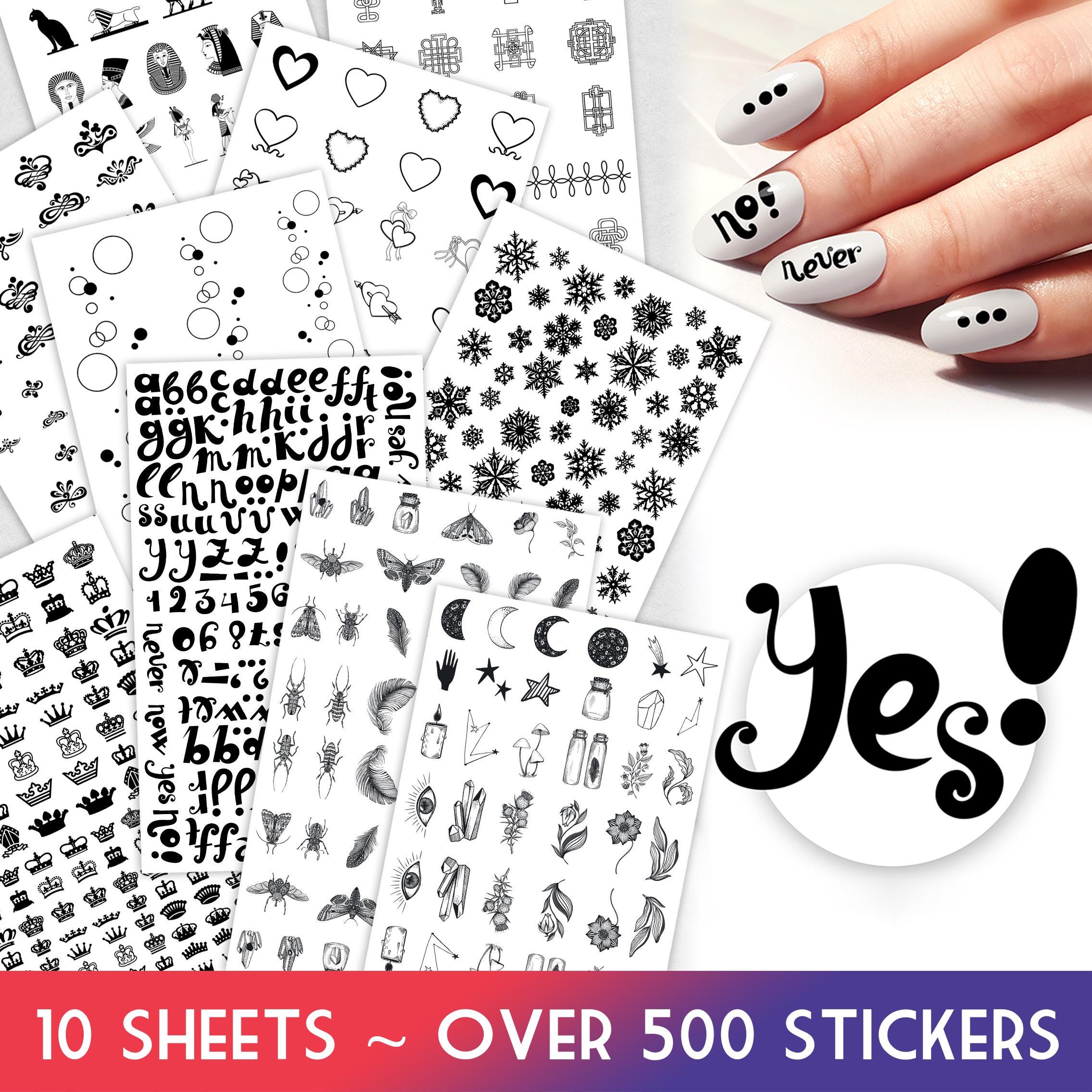 Nail Decals [10 Sheets] Typography Symbol Letters Numbers Icons Hearts ...