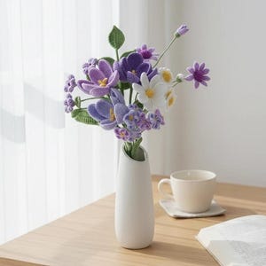 Purple Crochet Flower Bouquet, Handmade Knit Flowers, Forever Floral Arrangement, Crochet Flowers with Vase, Anniversary & Birthday Gift