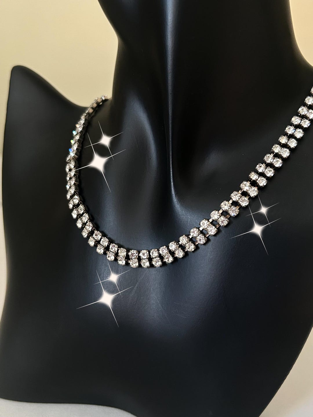 Double Row Rhinestone Chain Vintage Double Row Rhinestone Choker Necklace | Silver Tone Prong Set ...