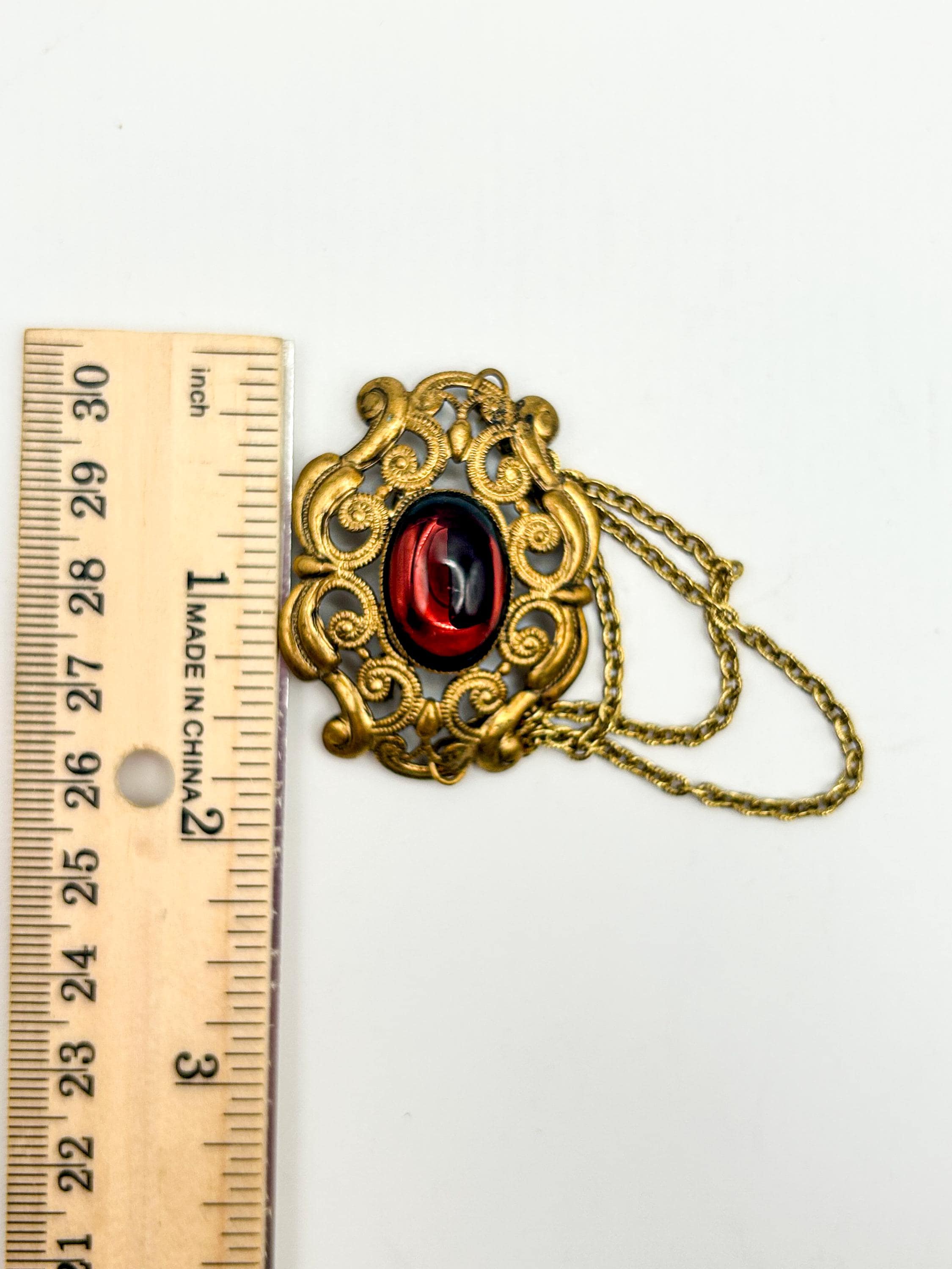 Vintage Western Germany Filigree Brooch With Red Glass Cabochon