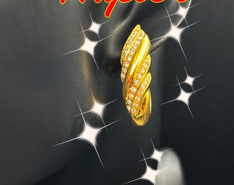 Vintage Napier Gold Rhinestone Earrings | 1980s Curved Hoop Ribbon Design | Signed Statement Jewelry