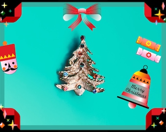 Vintage Gold Christmas Tree Brooch with Multicolor Rhinestone Accents