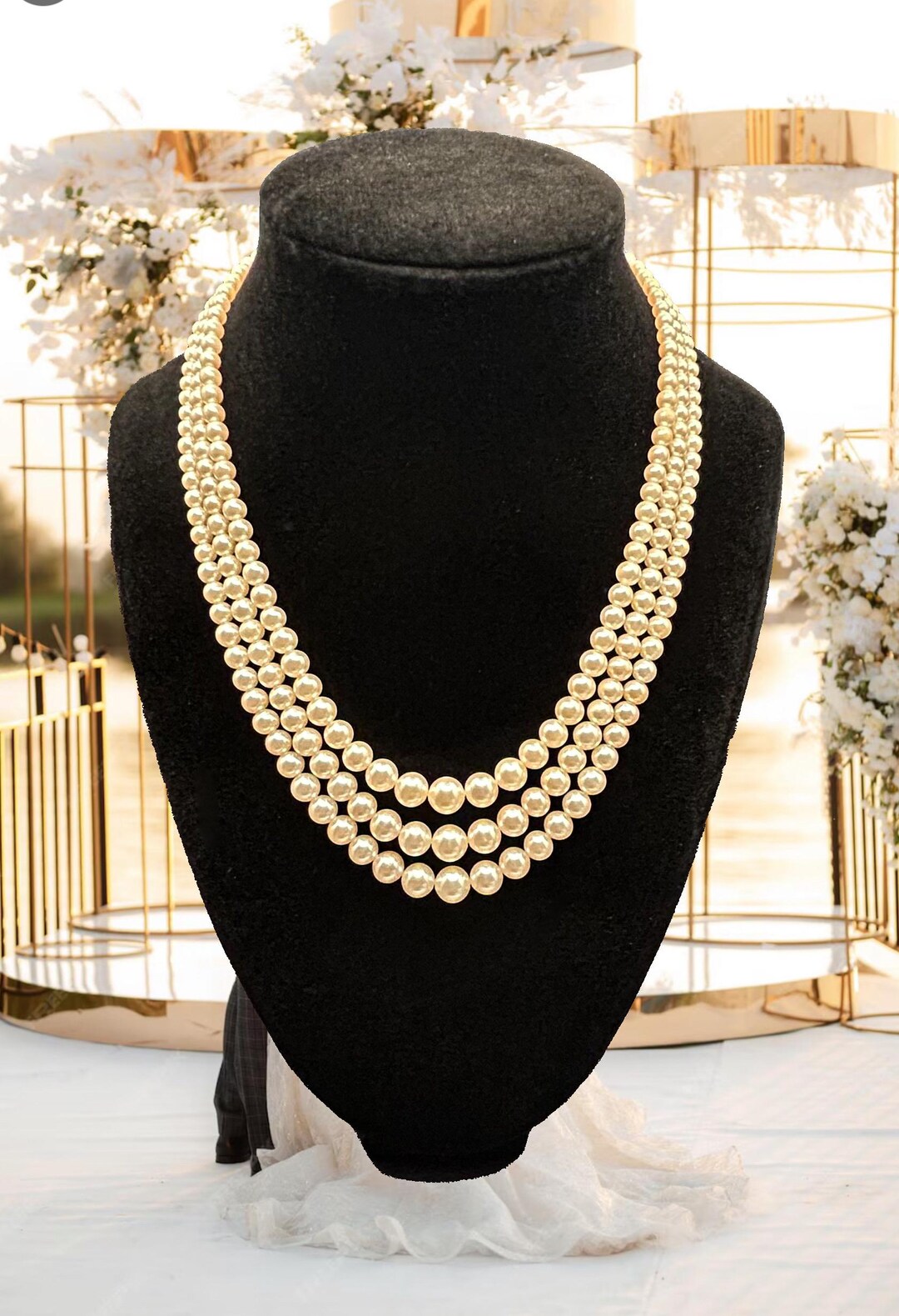 Collier Vintage Triple Rang De Fausses Perles Roses Graduées Avec Cristal - Fabriqué Au Japon