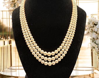 Art Deco Triple Strand Chinese Pearl Necklace W/sterling Silver
