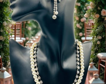 Vintage Pearl & Rhinestone Necklace Earrings Set | Mid Century Glass Pearls | Bridal Cocktail Jewelry | 1950s 1960s