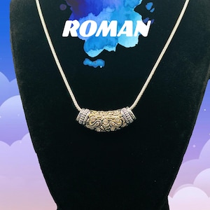 Vintage ROMAN Signed Mixed Metal Slide Necklace – Pavé Austrian Crystal Scroll Pendant – 18" Silver Tone Wheat Chain – Two Tone