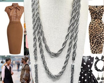 Vintage Silver Tone Lariat Necklace 65 Inch, Extra Long Open Ended Rope Chain Necklace with Tassels, No Clasp Sautoir Wrap Necklace, 7mm