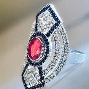 Art Deco geometrisk sterlingsilverring | Äkta rubin, spinell och turmalin | Märkt 925 IN | Samlaruttalande silversmycken, storlek 8