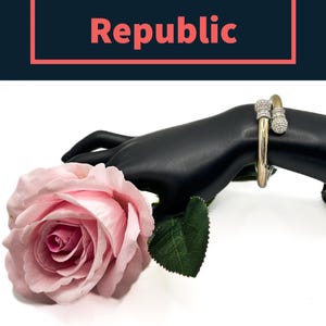 May include: A gold-toned bypass bracelet featuring two spherical ends encrusted with small clear stones, displayed on a black mannequin hand alongside a single artificial light pink rose with green leaves. The text Banana Republic is visible.
