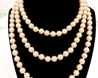 Vintage 50” Glass Pearl Necklace • 8mm Cream Ivory Pearls Hand-Knotted Gold Tone Filigree Clasp • Long Layering Strand • Mid Century Jewelry