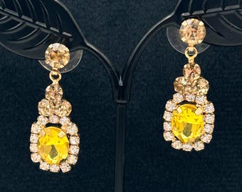 Vintage Style Citrine Yellow Rhinestone Dangle Earrings, Gold Tone Prong Set Halo Drop Earrings, Oval Canary Yellow Crystal Pierced Jewelry