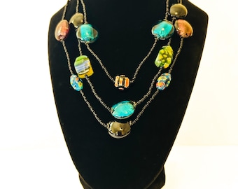 Handmade Lampwork Glass Necklace, Murano Style Millefiori Beads, Multi Strand Statement Necklace, Venetian Inspired Art Glass Jewelry
