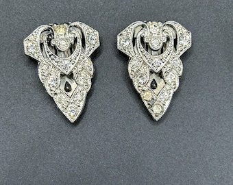 Para autentycznych spinek do sukienek z kryształkami w stylu art déco | Zabytkowe, przezroczyste, szklane spinki do futra z lat 30. i 40. XX wieku | Oryginalna patyna | Antyczna biżuteria kostiumowa