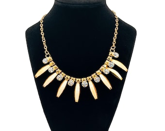 Vintage Inspired Gold Tone Bib Necklace, Cream & Rhinestone Fringe Statement Necklace, Boho Chic Sunburst Collar, Adjustable 26” Jewelry