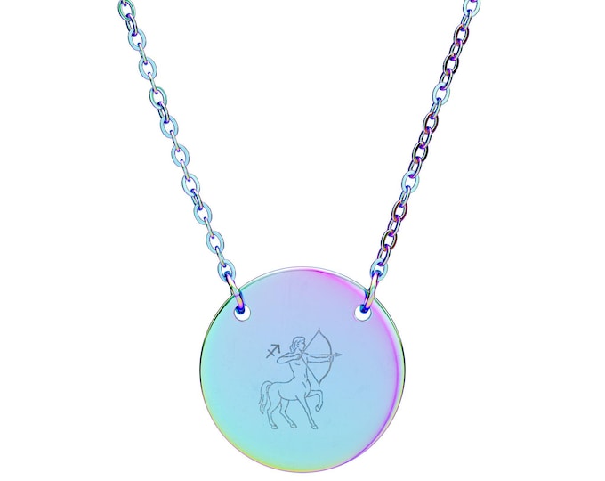 Engraved Zodiac Archer Circle Necklace | Sagittarius Pendant