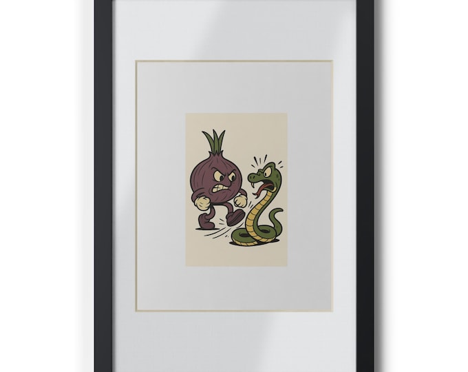 Angry Onion vs Snake framed poster | black frame, kitchen wall art