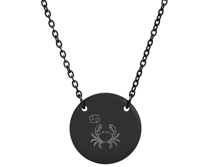 Engraved Zodiac Crab Circle Necklace | Cancer Pendant