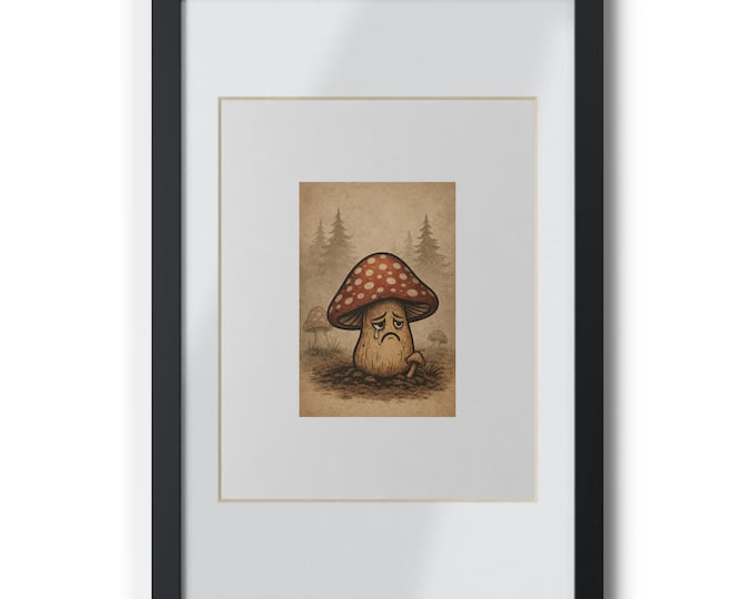 Sad Mushroom Art print Framed Poster | Black frame, Vintage forest illustration