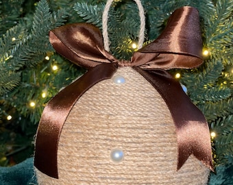 Mocha Brown Christmas Bauble, Handmade Jute Ornament with Satin Bow & Pearls