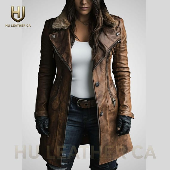 Distressed Brown Leather Trench Coat: Vintage Style Fur Collar