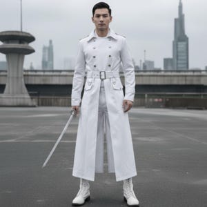 May include: A white double-breasted coat with a matching belt and boots. The coat has a long, flowing design and is worn with white pants. The person is holding a sword. The background features a cityscape.