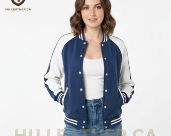 Blue & White Varsity Jacket College Bomber Jacket Retro Baseball Style Coat