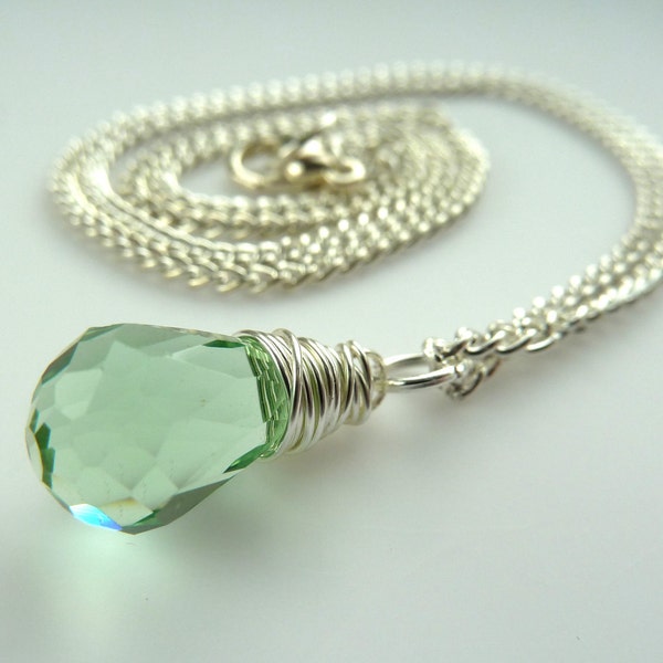 green swarovski necklace -- Pale green swarovski crystal tear drop silver wire wrapped pendant necklace