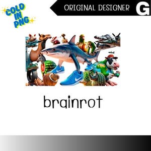 Può includere: Un'opera d'arte digitale surreale con uno squalo che indossa scarpe da ginnastica blu, circondato da varie figure di animali. La parola "brainrot" è scritta sotto. La frase "COLD IN PNG" è nell'angolo in alto a sinistra. La frase "ORIGINAL DESIGNER" è sopra.