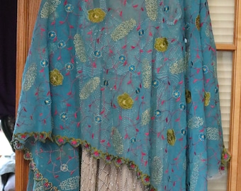 Antique blue multicolored embroidered shawl wrap scarf Indian wedding scarf sari scarf flapper wrap stole flapper stole