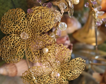 Angelic Golden Floral Petals wedding tiara crown head band bridal veil