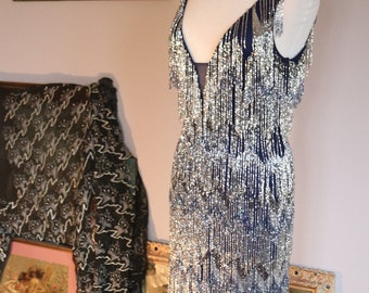 FRINGE flapper layered blue silver black heavily beaded 1920s flapper gatsby gown