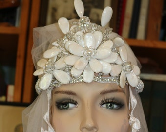 Wedding head piece handmade Flapper great Gatsby headband tiara veil wedding veil