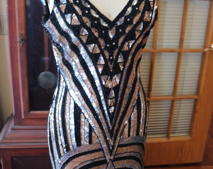1920s Style Flapper FRINGE Beaded Dress Black Copper Silver - Etsy
