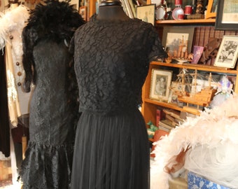 SALE Little Black dress lace tulle skirt lace blouse sz 12 14 evening gown prom dress wedding dress
