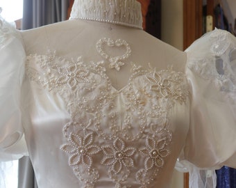 1980s Victorian inspired wedding dress satin lace embroidery pearls ruffles
