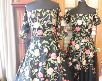 Black Floral wedding dress embroidered alternative bridal gown roses