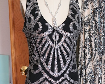 Black silver  1920s 1930s style flapper beaded dress Downton Abbey art deco party dress