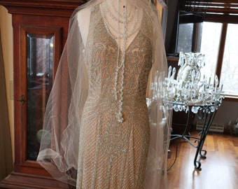 Silver nude Beaded PLUS SZ Gatsby Miss Fisher 1920s flapper wedding dress beaded party gown