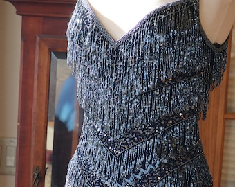 1920s inspired Flapper Shimmy fringed beaded wedding dress Downton abbey bridal gown navy midnight black with bead beaded sexy bridal