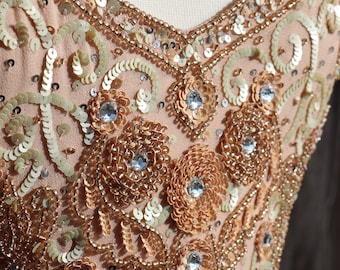 Rose gold with irrescent green aroura borealis beaded wedding dress art deco 1930s vintage style beaded bridal gown