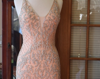 Wedding dress bridal gown 1920s 1930s bias cut beaded pearl sexy fitted vintage inspired gown peachy pink